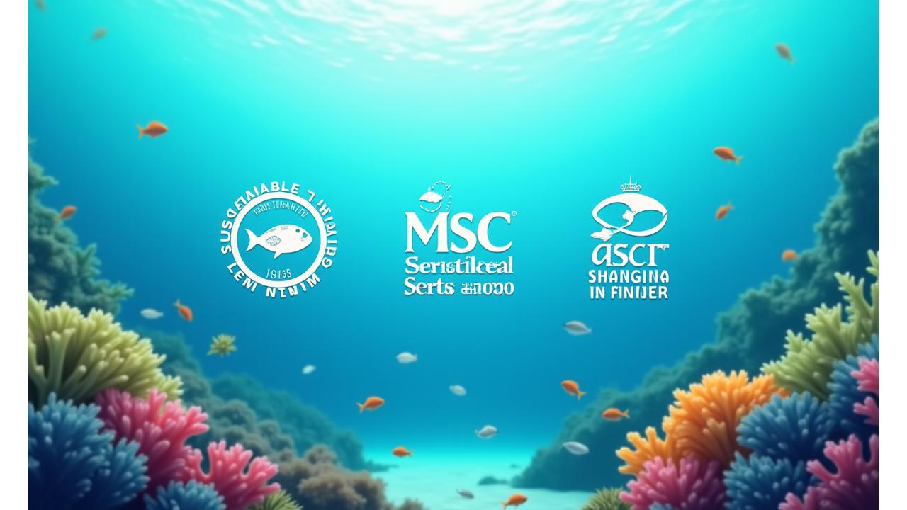 Logos de certificações de pesca sustentável como MSC e ASC em destaque sobre um fundo de ambiente marinho saudável