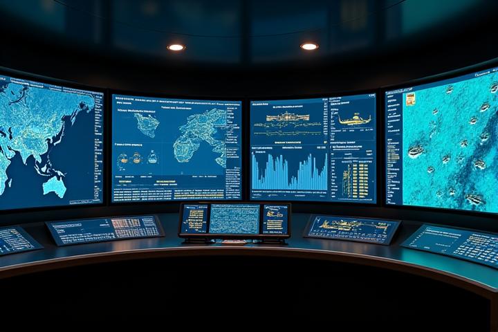 Visão geral de um painel de controle de frota com múltiplos navios e suas métricas de desempenho.