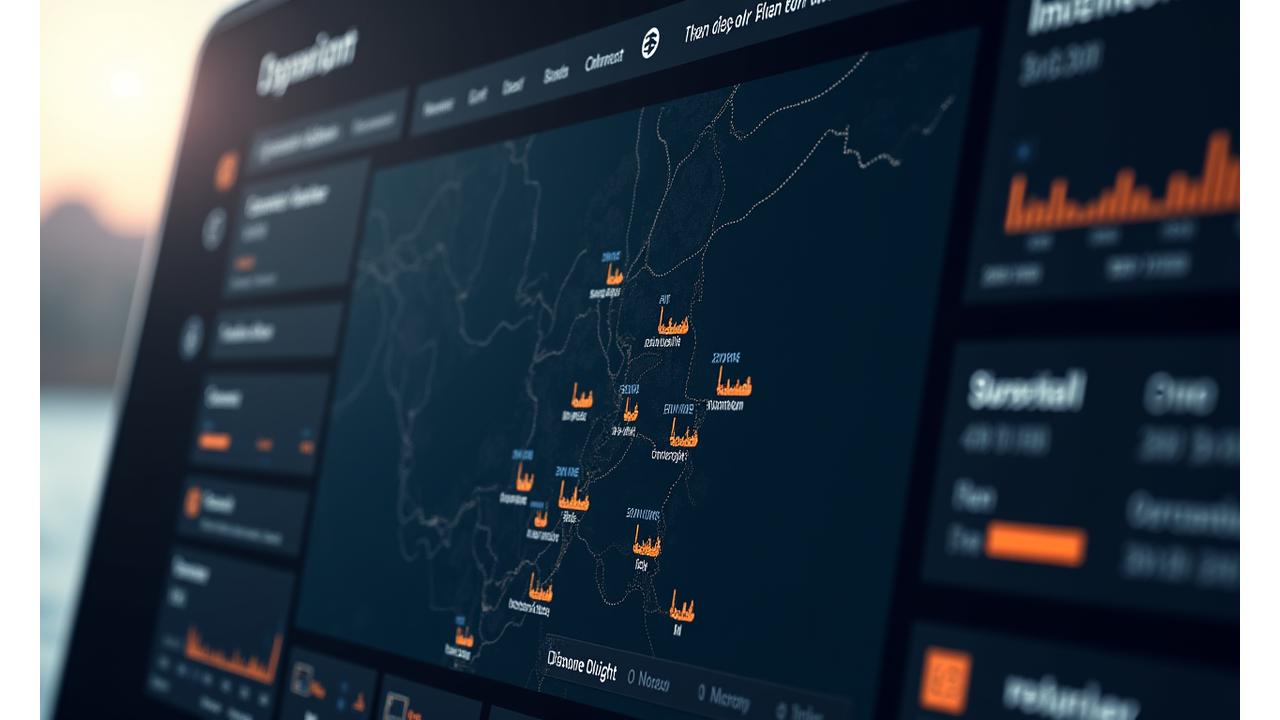 Interface de um dashboard digital mostrando um mapa com múltiplas embarcações, métricas de consumo de combustível, status de capturas e alertas em tempo real. Design limpo e moderno.
