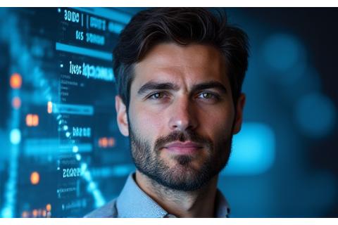 Retrato profissional do Dr. João Martins, um homem jovem e dinâmico, em frente a um gráfico de inteligência artificial verde e azul.